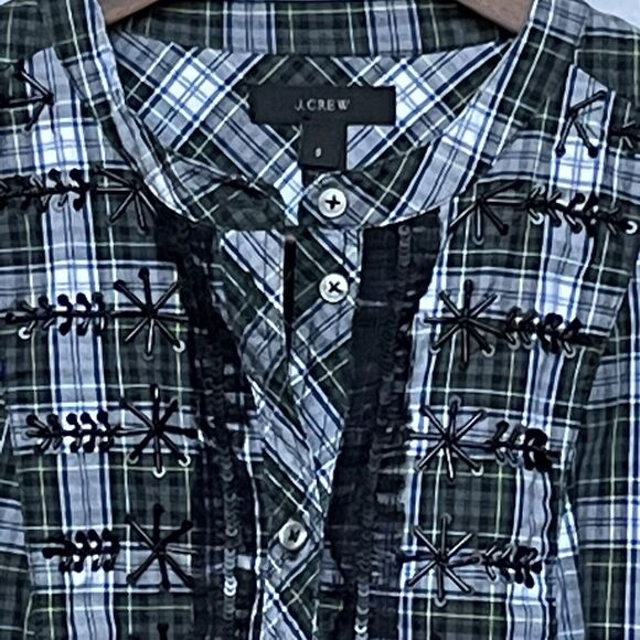 J. Crew Long-Sleeves Top Women's Size S Green Black White Plaid 100% Cotton - Picture 3 of 13